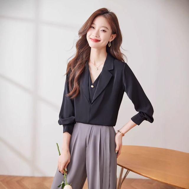 Princess Min-Long-Sleeve Notch Lapel Plain Blouse