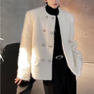 Freehop-Round Neck Plain Fluffy Button Up Jacket