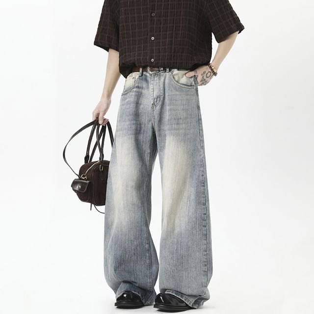 YIKES-Mid Rise Washed Wide Leg Jeans