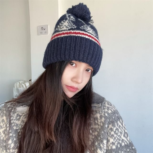 4-4 STUDIO-Jacquard Pom Pom Beanie