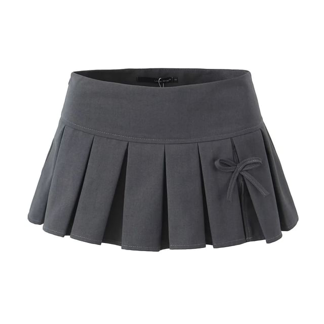 Asiris - Low Rise Plain Bow Accent Mini Pleated Skirt | YesStyle