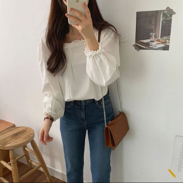 Everose-Puff-Sleeve Frill Trim Blouse