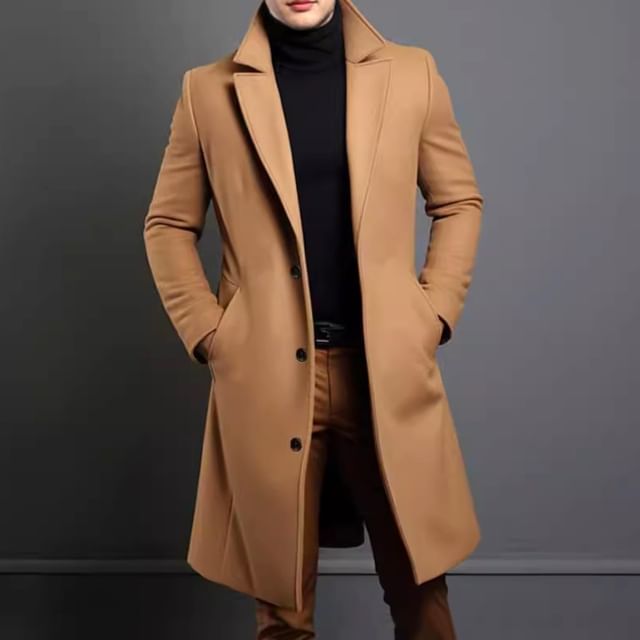 FORSETI-Lapel Collar Plain Button-Up Long Coat