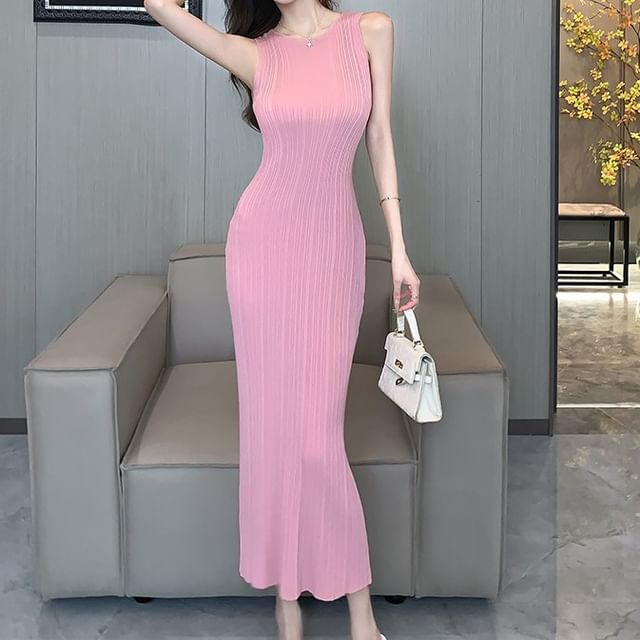 Yilda-Sleeveless Plain Ribbed Maxi Sheath Dress