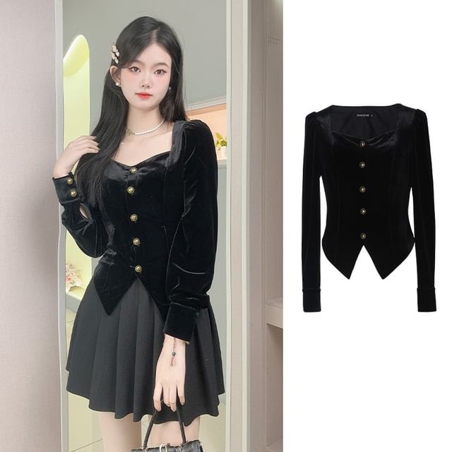 Woohan-Long-Sleeve Plain Velvet Blouse