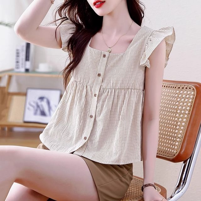 Dragan Pulse-Cap-Sleeve Square Neck Plaid Ruffle Trim Blouse