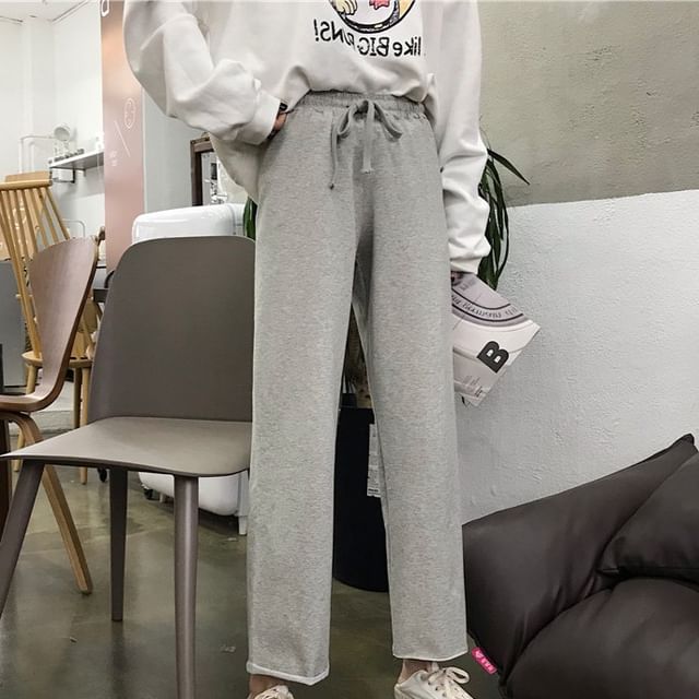 monroll-Drawstring Waist Plain Cropped Loose Fit Sweatpants