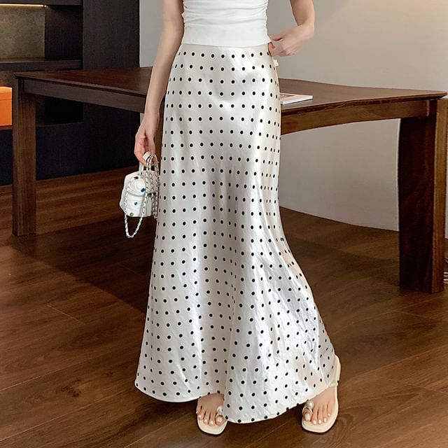 Jeonseon-High Rise Dotted Maxi Fishtail Skirt