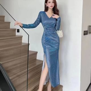 Girls Supply Long-Sleeve V-Neck Glitter Slit Midi Sheath Dress Sale