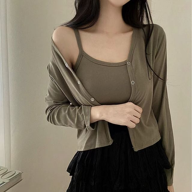 MIKIGA-Set V-Neck Plain Cardigan Camisole