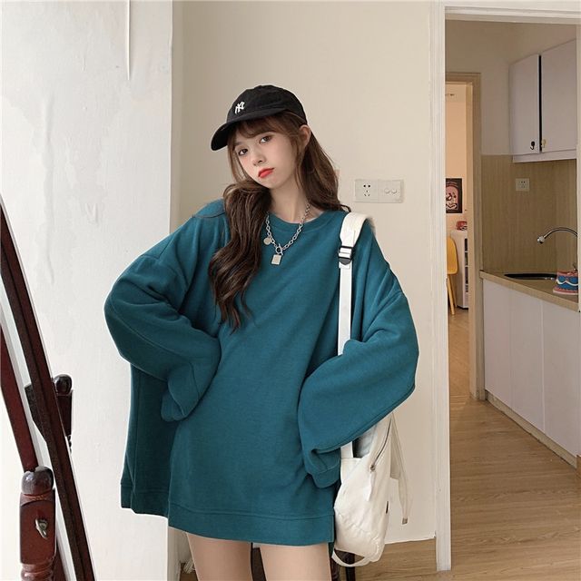 Sienne-Crew Neck Plain Oversized Sweatshirt
