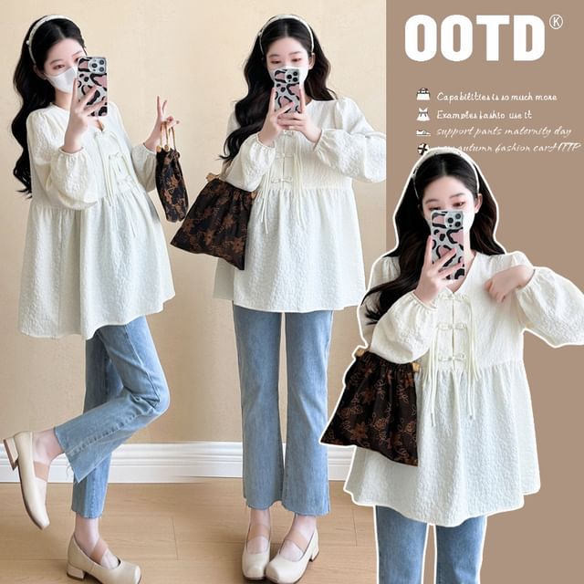 Rosy Street-Maternity Long-Sleeve V-Neck Plain Frog Button Blouse