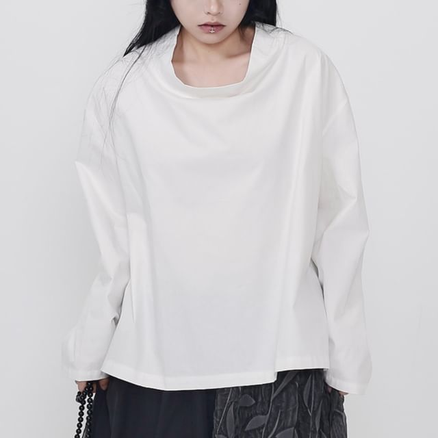 Ravenstem-Long-Sleeve Cowl Neck Plain Blouse