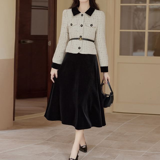 sansweet-Set Collar Two Tone Tweed Button Jacket High Rise Plain Velvet Midi A-Line Skirt