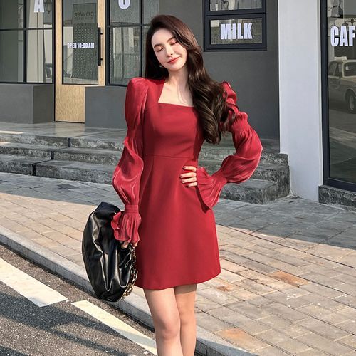 fitted lace wedding dress Red Square Neck Long Sleeve Bodycon Dress