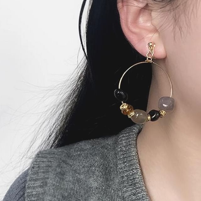 Joodii-Irregular Beaded Hoop Drop Hook Earring Clip-On Earring