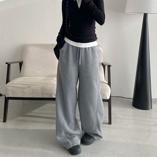 Cossita-Drawstring Waist Plain Baggy Sweatpants