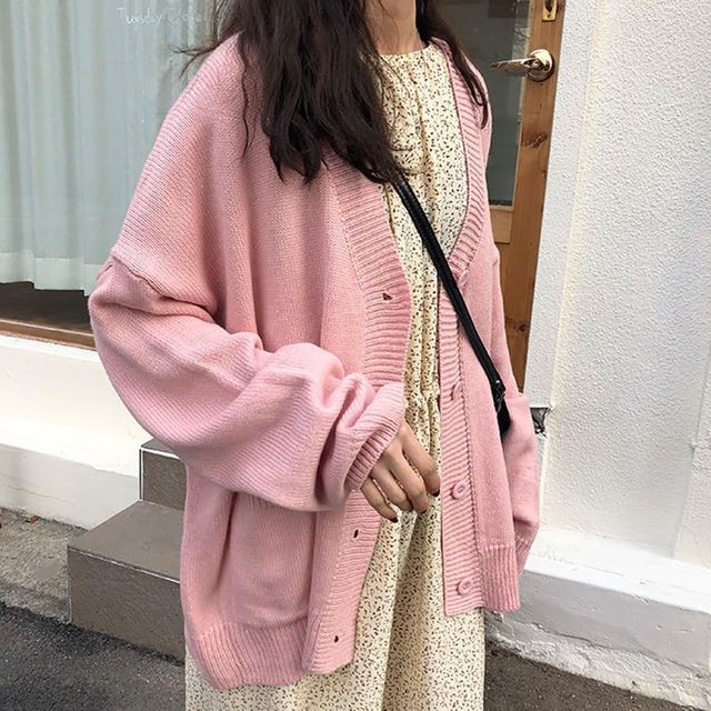 Beaustreet-V-Neck Plain Oversized Cardigan