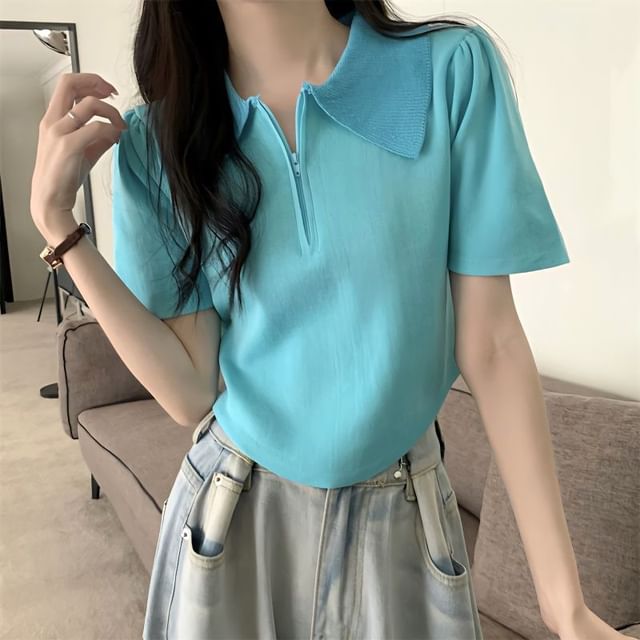 Hevnir-Short-Sleeve Collared Half Zip Knit Top