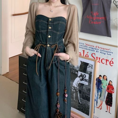 Kizmi Plain Cropped Cardigan Strapless Denim Wide Leg Jumpsuit