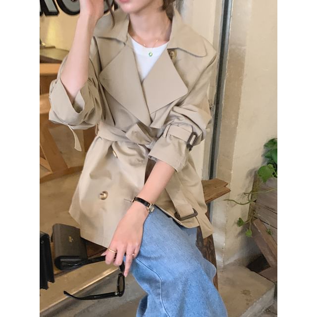scenesweet-Lapel Collar Double-Breasted Plain Trench Jacket