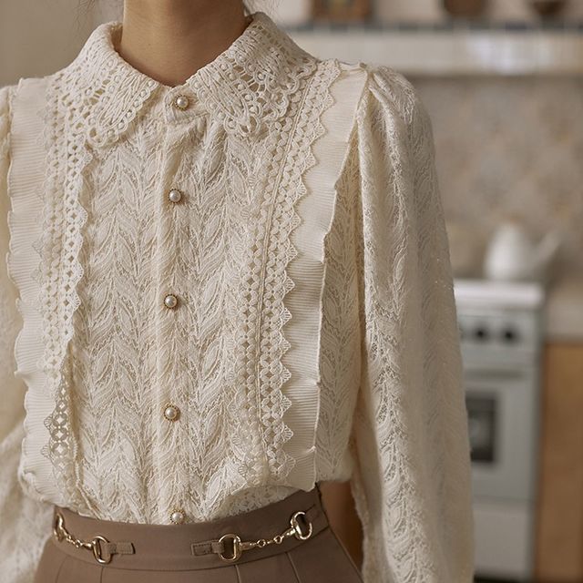 Saccharine LongSleeve Collared Lace Top YesStyle