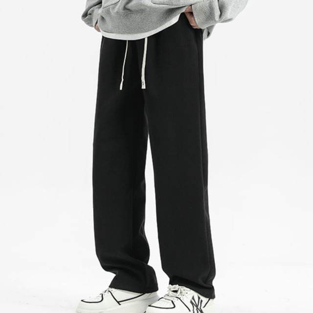 purplelouve-Drawstring Waist Plain Straight Leg Sweatpants