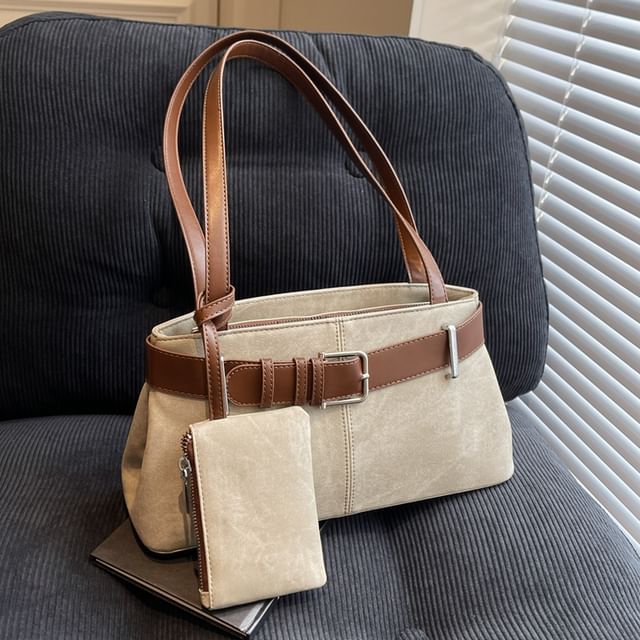 KOCORE-Set Belted Panel Tote Bag Pouch