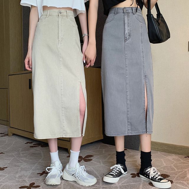 Shopherd - Slit Midi A-Line Denim Skirt | YesStyle