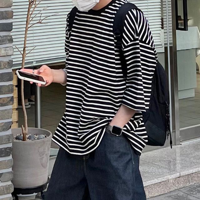 Okwano-Elbow-Sleeve Striped T-Shirt