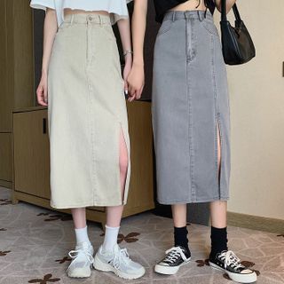 Shopherd - Slit Midi A-Line Denim Skirt | YesStyle