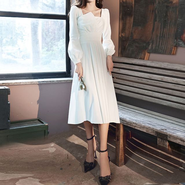 Wospe - Long-Sleeve Square-Neck Midi A-Line Dress | YesStyle