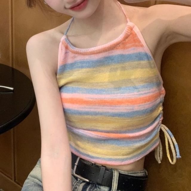 Allinya-Halter Neck Color Block Drawstring Open Back Crop Top