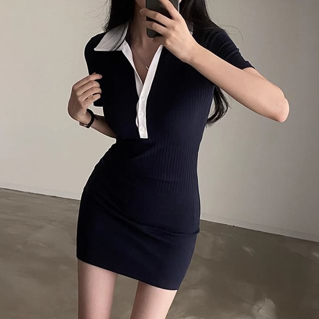 Coris - Short-Sleeve Collared Contrast Trim Mini Sheath Knit Dress | YesStyle Coris - Short-Sleeve Collared Contrast Trim Mini Sheath Knit Dress | YesStyle