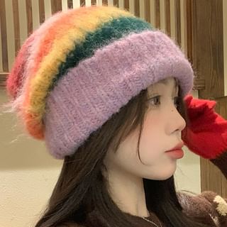 4-4 STUDIO-Rainbow Striped Knit Slouchy Beanie