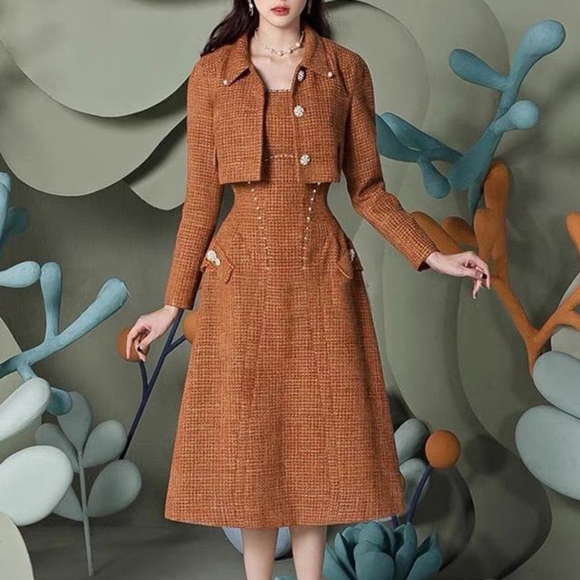 knee length dresses for ladies Elegant Tweed Dress With Belt main image 0