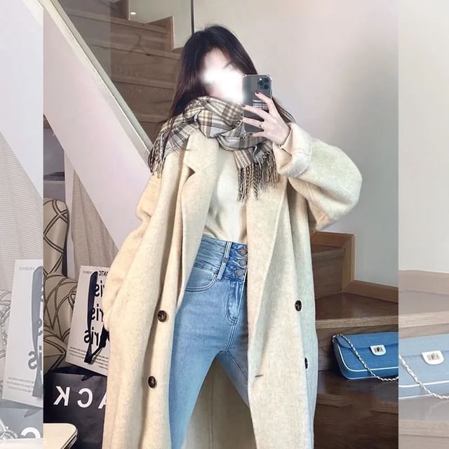 Sienne-Lapel Collar Plain Double Breasted Long Coat