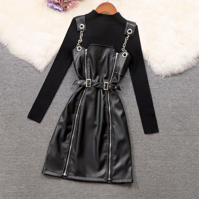 knee length dresses for ladies Black Leather Jogger Dungaree by MR. Riegillio main image 1