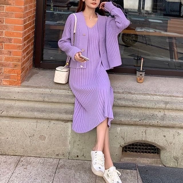 Purple dress cheap with cardigan