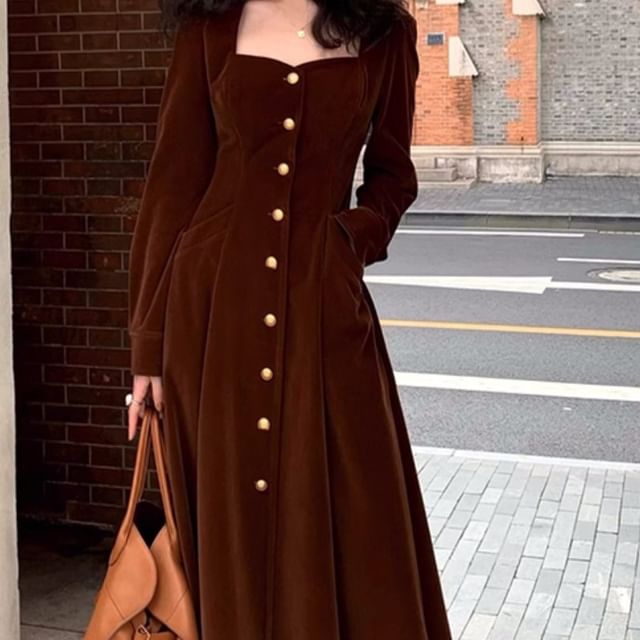 Utopritina - Long-Sleeve Square Neck Plain Button-Up Velvet Midi A-Line Dress | YesStyle Utopritina - Long-Sleeve Square Neck Plain Button-Up Velvet Midi A-Line Dress | YesStyle