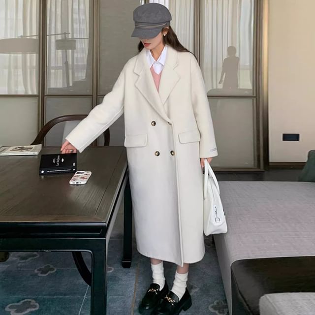 Heiti-Notch Lapel Plain Woolen Midi Double-Breasted Coat