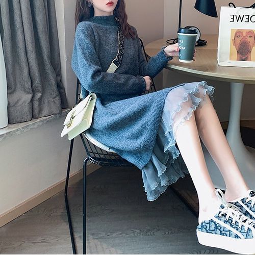Mock-Neck Lace Trim Sweater Dress 