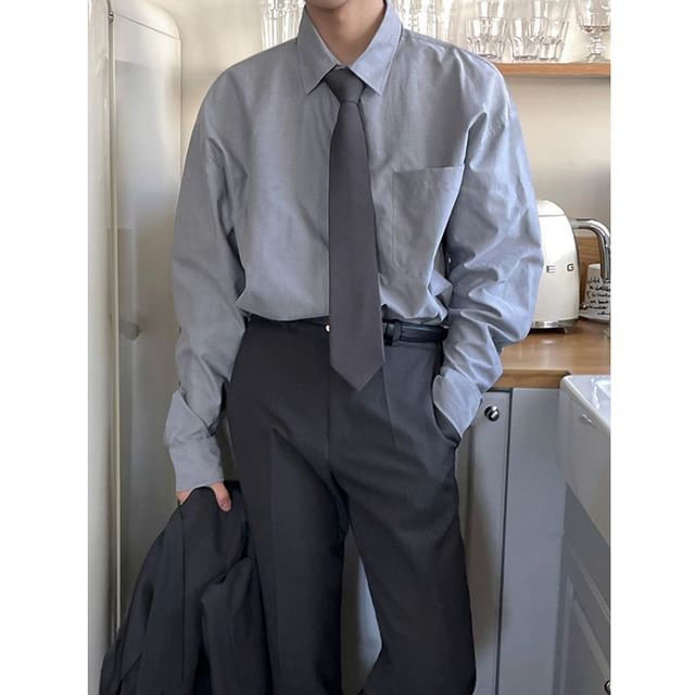 Orungeetun-Plain Button-Up Shirt