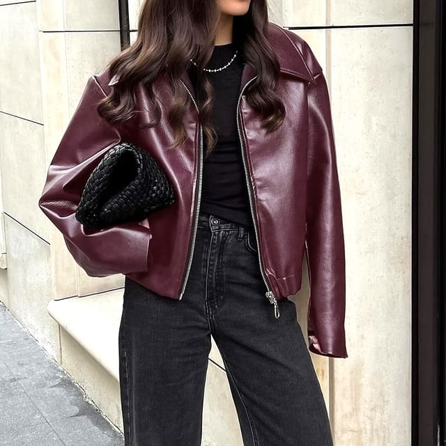 Bolgivy-Faux Leather Collared Zip-Up Jacket