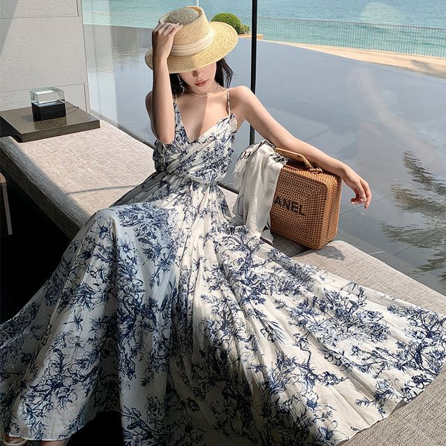 fitted lace wedding dress Floral Print Backless Maxi Dress main image 0