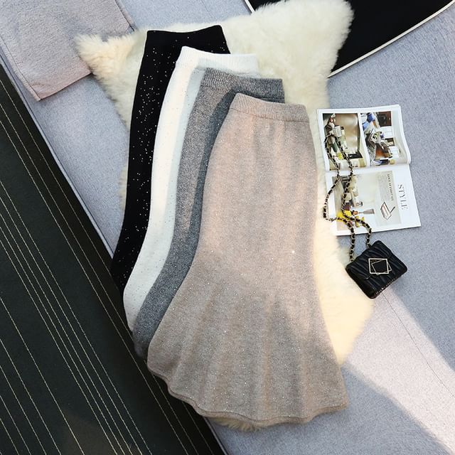 Dragan Pulse-High Waist Glitter Midi Fishtail Skirt