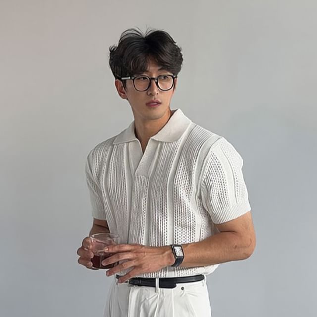 mopagrati-Short Sleeve Open Placket Plain Knit Polo Top