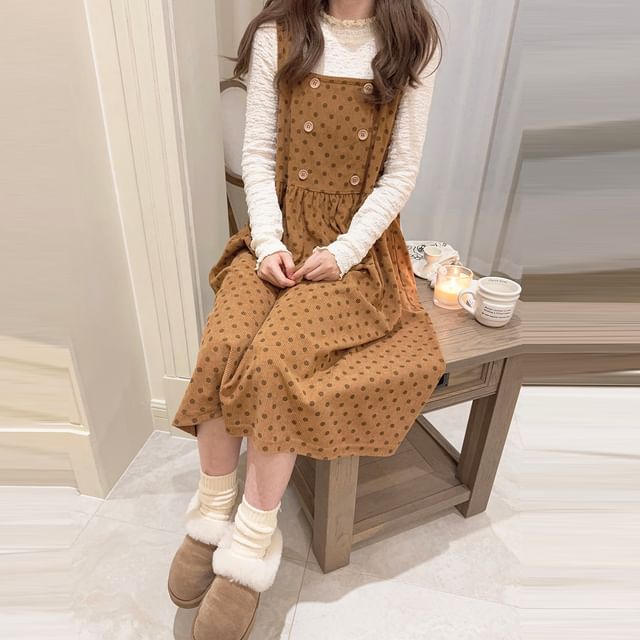 Glotto - Square Neck Dotted Double-Breasted Corduroy Midi Overall Dress |  YesStyle