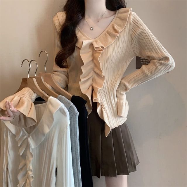 Allinya-Long-Sleeve V-Neck Frill Trim Plain Knit Top