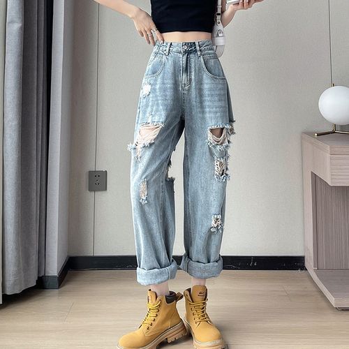 smoothkinea - High Waist Washed Ripped Baggy Jeans